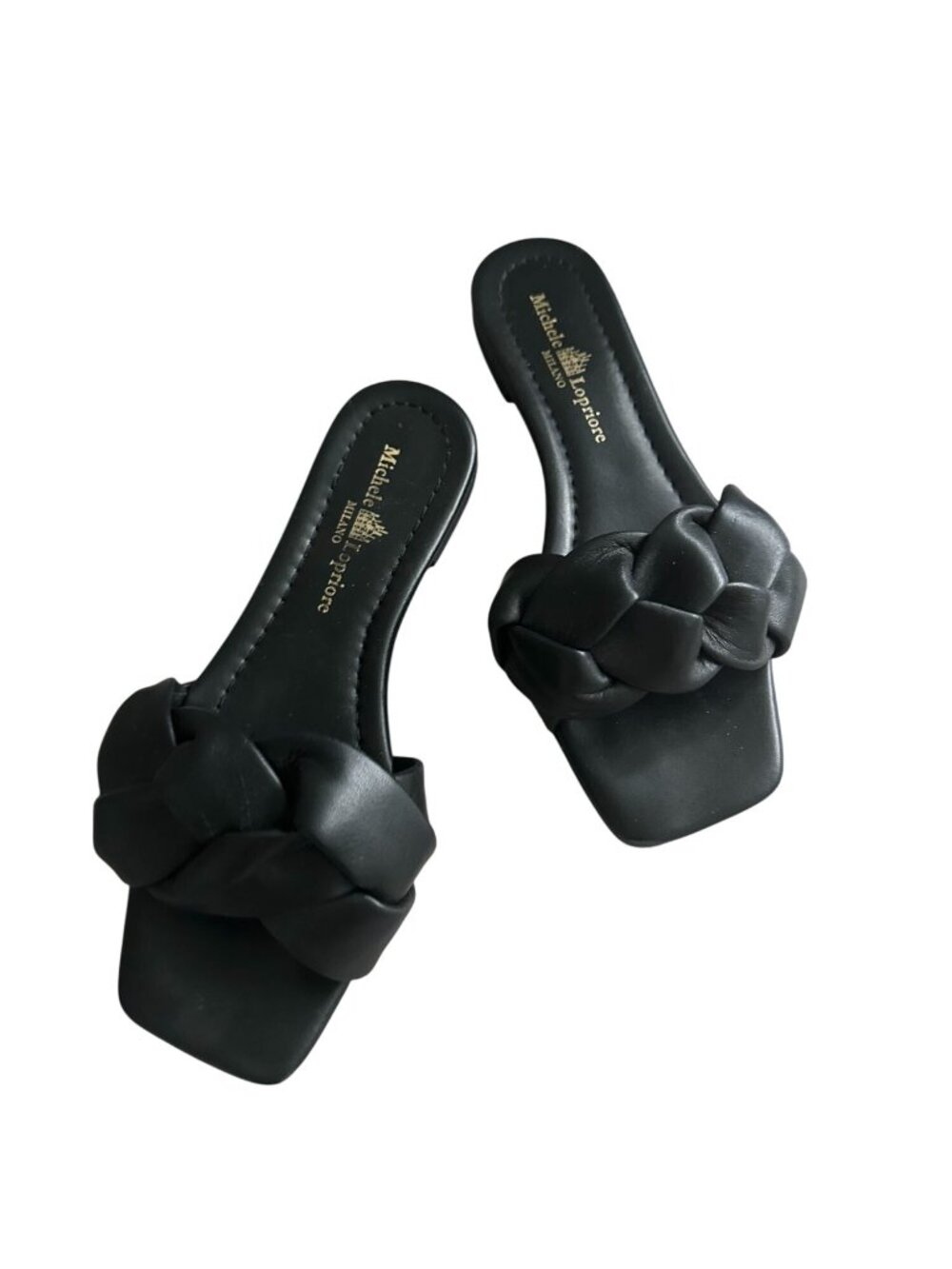 MICHELE LOPRIORE Black Braided Leather Flats Sandals Size 38 / US 8